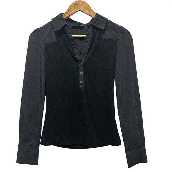 Robertson & Rodeo Tops - Robertson & Rodeo Mixed Media Top Womens Small Black Ribbed Knit Button V-Neck‎